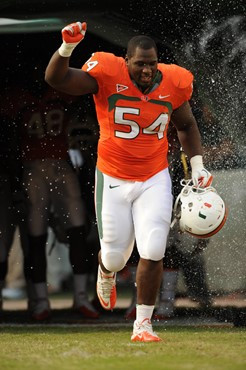 University of Miami Hurricanes defensive lineman Micanor Regis #54 plays in a game against the Boston College Eagles at Sun Life Stadium on November...