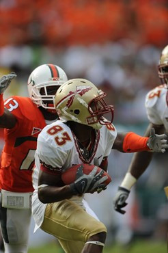 University of Miami Hurricanes defensive back Ryan Hill #13 plays in a game against The Florida State Seminoles at Dolphin Stadium on October 4, 2008....