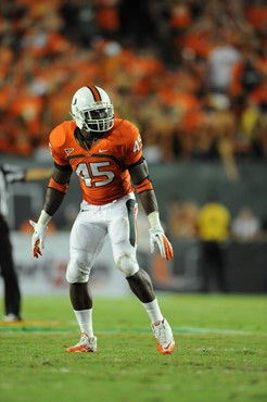 University of Miami Hurricanes linebacker Ramon Buchanan #45 plays in a game against the Ohio State Buckeyes at Sun Life Stadium on September 17,...