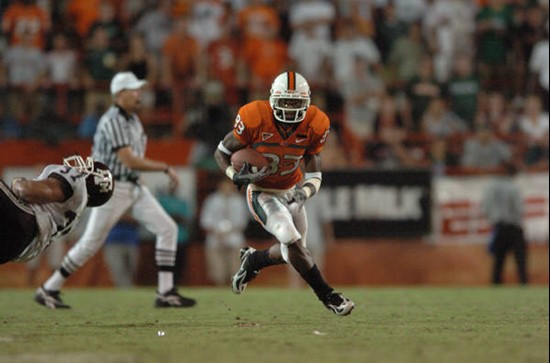 University of Miami wide receiver Sam Shields #83 catches a pass in a game against the Texas A&M Aggies at the Orange Bowl on September 20, 2007. The...