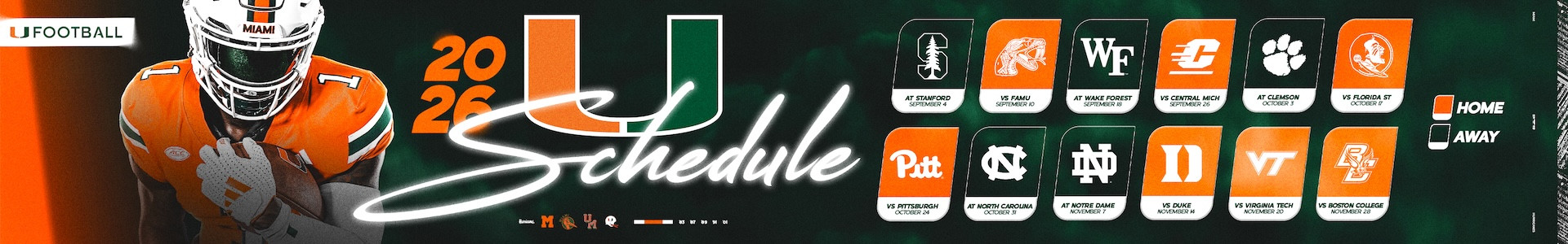 Miami Hurricanes Football 2026 schedule graphic featuring home and away opponents.