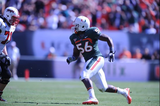 University of Miami Hurricanes linebacker Marcus Robinson #56 plays in a game against the Maryland Terrapins at Sun Life Stadium on November 6, 2010. ...