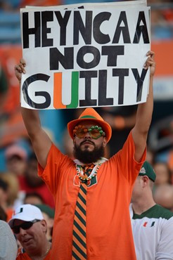 University of Miami Hurricane fans show their team spirit in a game against the University of South Florida Bulls at Sun Life Stadium on November 17,...