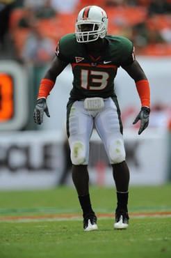 University of Miami Hurricanes defensive back Ryan Hill #13 plays in a game against the Deamon Deacons of Wake Forest at Dolphin Stadium on October...