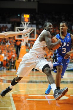 University of Miami Hurricanes guard, Durand Scott, #1, plays host to the Duke Blue Devils at the BankUnited Center on February 13, 2011. Photo by...