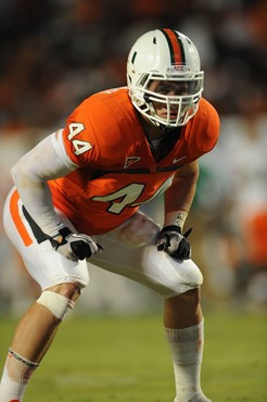 University of Miami Hurricanes linebacker Colin McCarthy #44 plays in a game against the Florida A&amp;M Rattlers at Sun Life Stadium on September 2,...