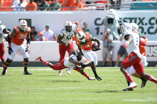 University of Miami Hurricanes wide receiver Phillip Dorsett #4 plays in a game against the Cincinnati Bearcats at Sun Life Stadium on October 11,...
