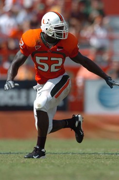 University of Miami linebacker Tavaris Gooden #52 plays in a game against the North Carolina State Wolfpack at the Orange Bowl on November 3, 2007. ...