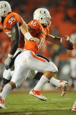 University of Miami Hurricanes quarterback Spencer Whipple #16 scrambles in a game against the Florida A&amp;M Rattlers at Sun Life Stadium on...