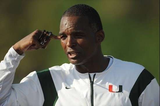 University of Miami Hurricanes head coach Randy Shannon talks to his team about mental toughness and playing with heart at Greentree Practice Field on...