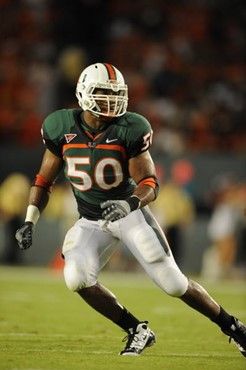 University of Miami Hurricanes linebacker Darryl Sharpton #50 plays in a game against the Florida A&M Rattlers at Land Shark Stadium on October 10,...