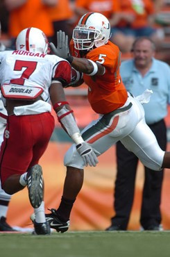 University of Miami running back Javarris James #5 rushes in a game against the North Carolina State Wolfpack at the Orange Bowl on November 3, 2007. ...