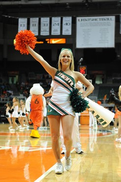 University of Miami Cheerleaders entertain fans as the Hurricanes played host to the North Carolina Tar Heels at the BankUnited Center on January 26,...