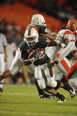 University of Miami Hurricanes running back Lee Chambers #32 plays in a game against the Florida A&M Rattlers at Land Shark Stadium on October 10,...