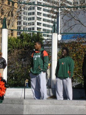 Junior cornerback Chavez Grant speaking at the Emerald Bowl pep rally