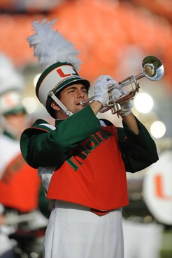 The University of Miami Band of the Hour performs for fans in a game against the Virginia Tech Hokies at Sun Life Stadium on November 20, 2010.  Photo...