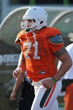 University of Miami Hurricanes Cory White #71 at Greentree practice fields training for the upcoming 2010 season. The practice was open for Season...