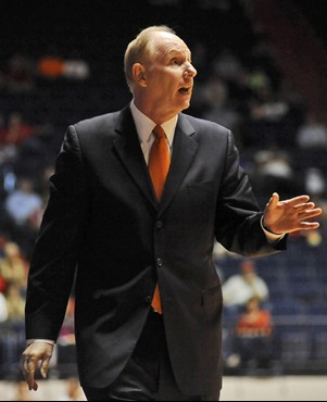 Miami head coach Jim Larranaga makes a point to the officials during an NCAA college basketball  game against Mississippi in Oxford, Miss. on Friday,...