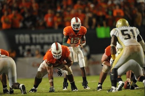 University of Miami Hurricanes quarterback Jacory Harris #12 gets set in shotgun formation during a game against the Georgia Tech Yellow Jackets at...