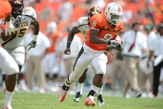 University of Miami Hurricanes running back Duke Johnson #8 plays in a game against the Bethune Cookman Wildcats at Sun Life Stadium on September 15,...