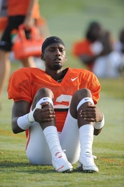 University of Miami Hurricanes players Jacory Harris #12 at Greentree practice fields training for the upcoming 2010 season. The practice was open for...