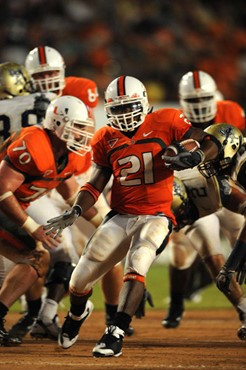 University of Miami Hurricanes running back, Derron Thomas #21, rushed 8 times for 35 yards, caught 1 pass for 19 yards, and scored 1 touchdown in a...