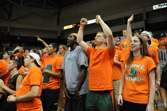 Fans cheer for The University of Miami Hurricanes as they played host to the Maryland Terrapins at the BankUnited Center on March 2, 2011.  The...