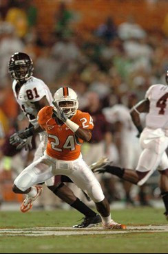 University of Miami Hurricanes defensive back Chavez Grant #24 had 1 solo tackle against the Virginia Tech Hokies at the Orange Bowl on November 4,...