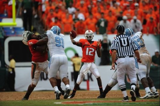 University of Miami Hurricanes quarterback Jacory Harris #12 plays in a game against the North Carolina Tar Heels at Dolphin Stadium on September 27,...