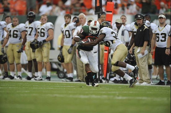 University of Miami Hurricanes wide receiver Sam Shields #83 caught 1 pass for 18 yards against the Deamon Deacons of Wake Forest at Dolphin Stadium...