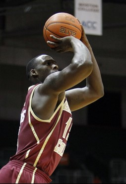 Boston College's Rakim Sanders prepares to shoot against Miami during the first half of an NCAA college basketball game in Coral Gables, Fla.,...