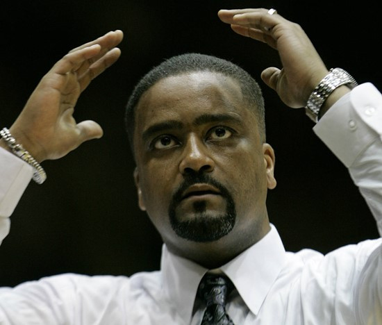 Miami coach Frank Haith reacts to a foul during the second half of a college basketball game against Duke in Durham, N.C., Saturday, Feb. 2, 2008....