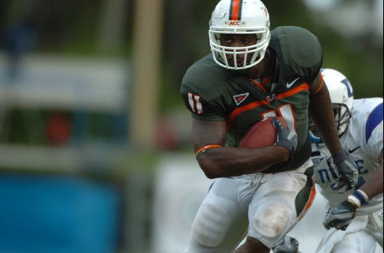 University of Miami tight end DajLeon Farr #11 caught 2 passes for 39 yards and a touchdown in a game against the Duke University Blue Devils at the...