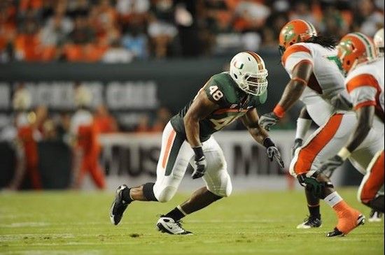 University of Miami Hurricanes defensive lineman Andrew Smith #48 plays in a game against the Florida A&M Rattlers at Land Shark Stadium on October...
