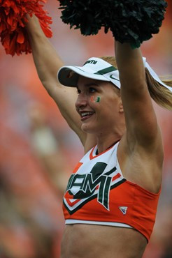 A University of Miami Hurricane cheerleader entertains fans in a game against the Deamon Deacons of Wake Forest at Dolphin Stadium on October 25,...