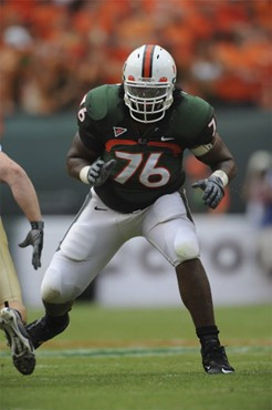 University of Miami Hurricanes offensive lineman Chris Rutledge #76 gets set to block against the Deamon Deacons of Wake Forest at Dolphin Stadium on...