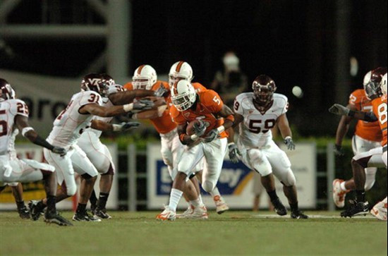 University of Miami Hurricanes running back Javarris james #5 rushed 4 times for 20 yards and caught 1 pass for 5 yards against the Virginia Tech...