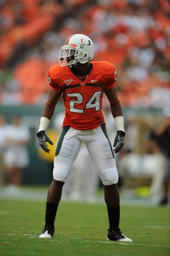 University of Miami Hurricanes defensive back Chavez Grant #24 plays in a game against the University of Central Florida Knights at Dolphin Stadium on...