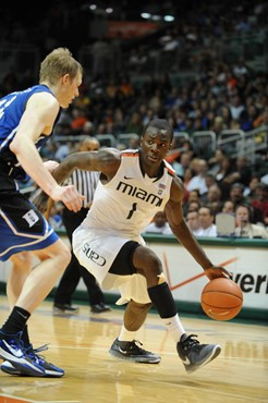 University of Miami Hurricanes guard, Durand Scott, #1, and the Canes play host to the Duke Blue Devils at the BankUnited Center on February 13, 2011....