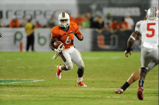 University of Miami Hurricanes running back Lamar Miller #6 ran for 188 yards in a game against the Ohio State Buckeyes at Sun Life Stadium on...