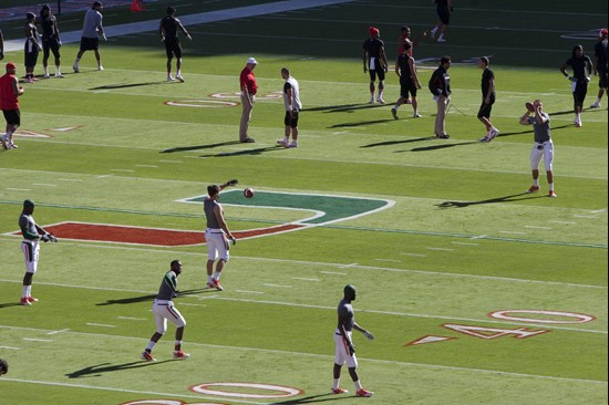 University of Miami Hurricane players warm up before a game against the Maryland Terrapins at at Sun Life Stadium on November 6, 2010. Photo by Marco...