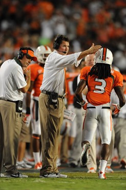 University of Miami Hurricanes head coach Al Golden calls in a play in a game against the Ohio State Buckeyes at Sun Life Stadium on September 17,...