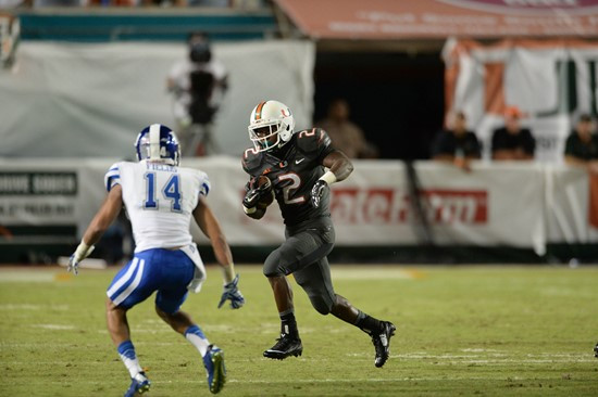 University of Miami Hurricanes running back Joseph Yearby #2 plays in a game against the Duke Blue Devils at Sun Life Stadium on September 27, 2014....