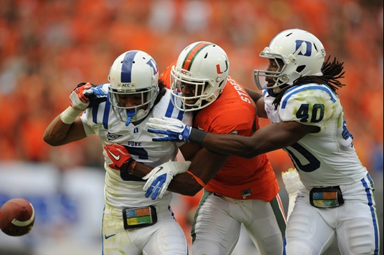 University of Miami Hurricanes wide receiver Tommy Streeter #8 plays in a game against the Duke Blue Devils at Sun Life Stadium on November 5, 2011. ...