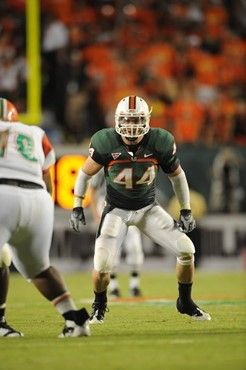 University of Miami Hurricanes linebacker Colin McCarthy #44 plays in a game against the Florida A&M Rattlers at Land Shark Stadium on October 10,...