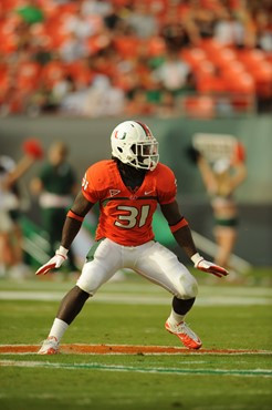 University of Miami Hurricanes linebacker Sean Spence #31 plays in a game against the Duke Blue Devils at Sun Life Stadium on November 5, 2011.  Photo...