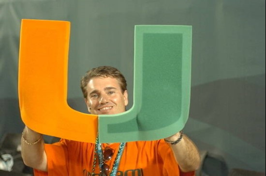A University of Miami Hurricanes fan shows his team spirit in a game against the Oklahoma Sooners at Land Shark Stadium on October 3, 2009. Photo by...