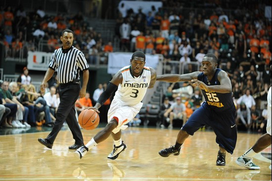 University of Miami Hurricanes guard, Malcolm Grant #3, plays host to 2010 NCAA Final Four participant West Virginia at the BankUnited Center on...
