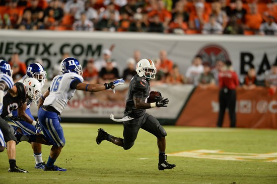 University of Miami Hurricanes running back Joseph Yearby #2 plays in a game against the Duke Blue Devils at Sun Life Stadium on September 27, 2014....