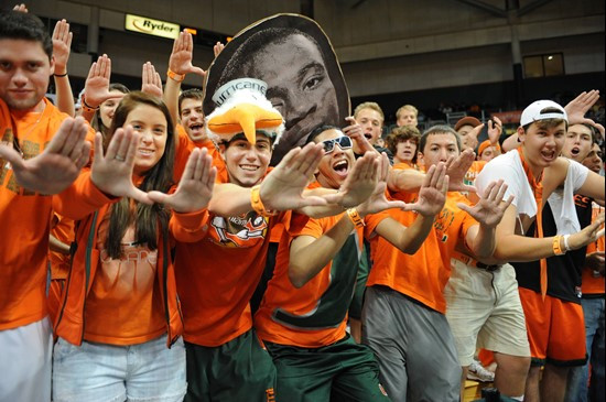 Fans cheer for The University of Miami Hurricanes as they play host to 2010 NCAA Final Four participant West Virginia at the BankUnited Center on...